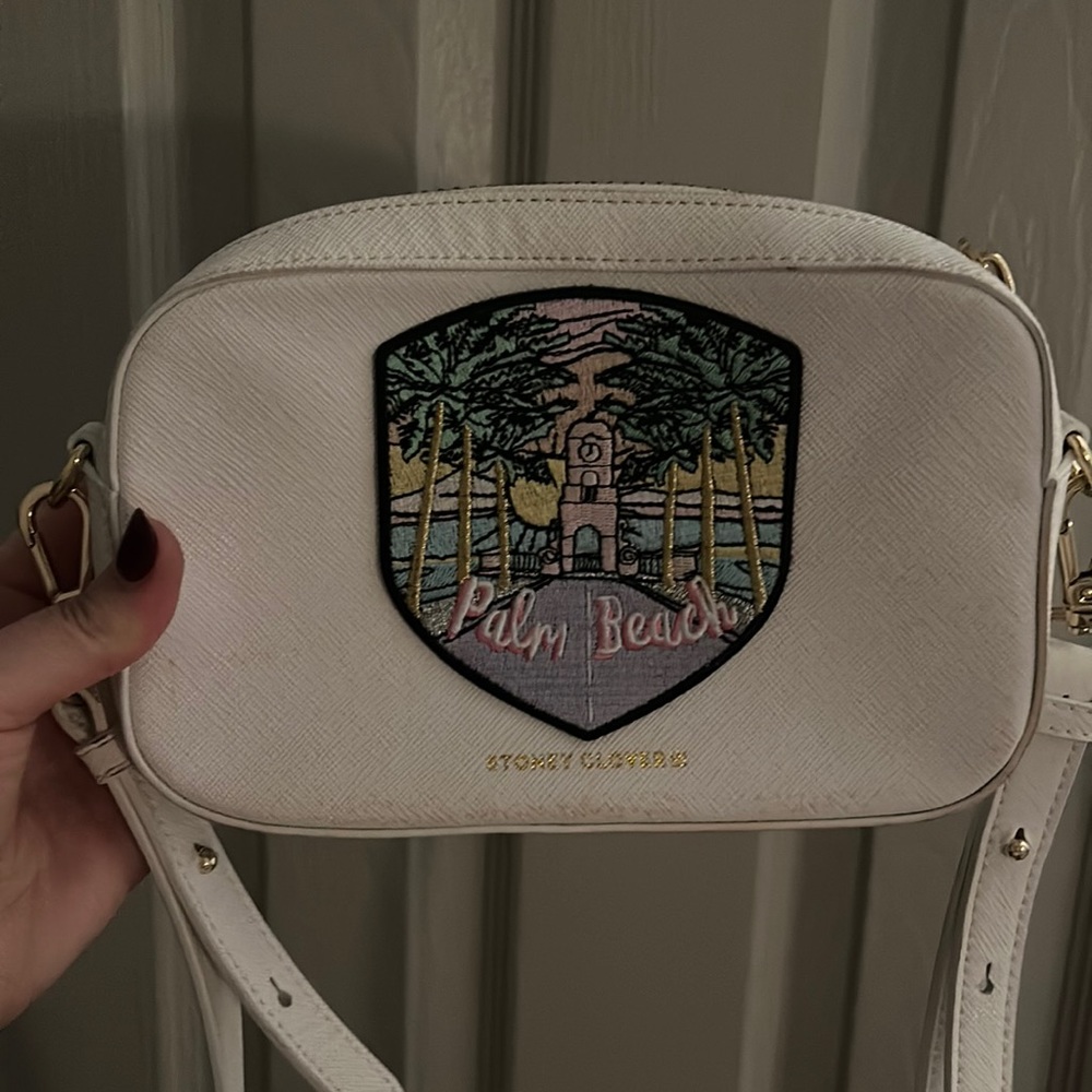 Stoney Clover Lane white crossbody bag (with palm beach patch and “z” patch)